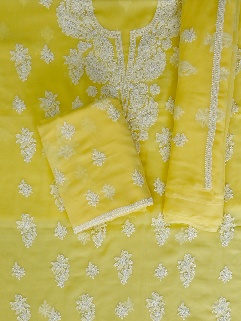 Seva Chikan Hand Embroidered Yellow Georgette Lucknowi Chikankari Unstitched Suit Piece-SCL13126