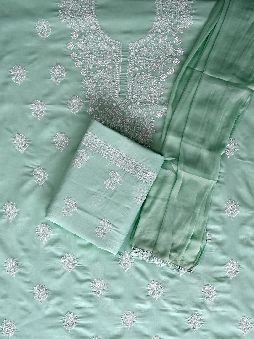 Seva Chikan Hand Embroidered Sage Green Cotton Lucknowi Chikankari Unstitched Suit Piece-SCL13066