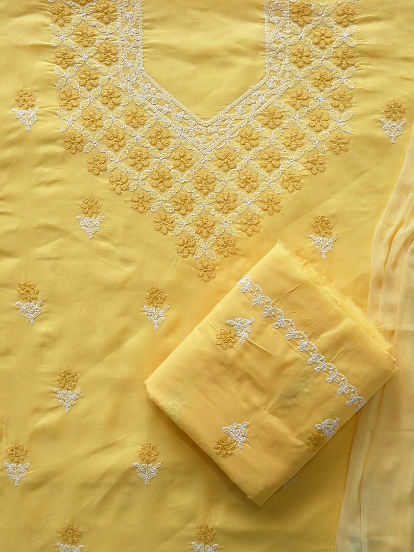 Seva Chikan Hand Embroidered Yellow Terivoil Cotton Lucknowi Chikankari Unstitched Suit Piece-SCL13016