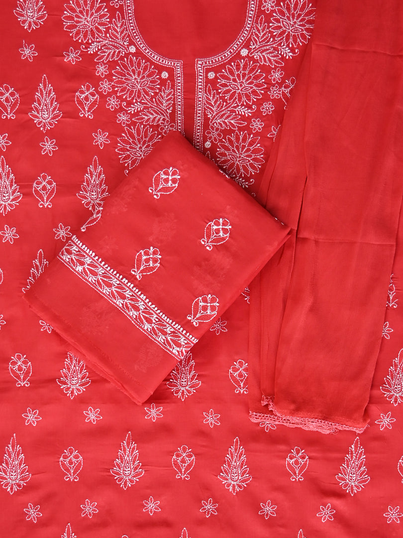 Seva Chikan Hand Embroidered Red Cotton Lucknowi Chikankari Unstitched Suit Piece-SCL13049