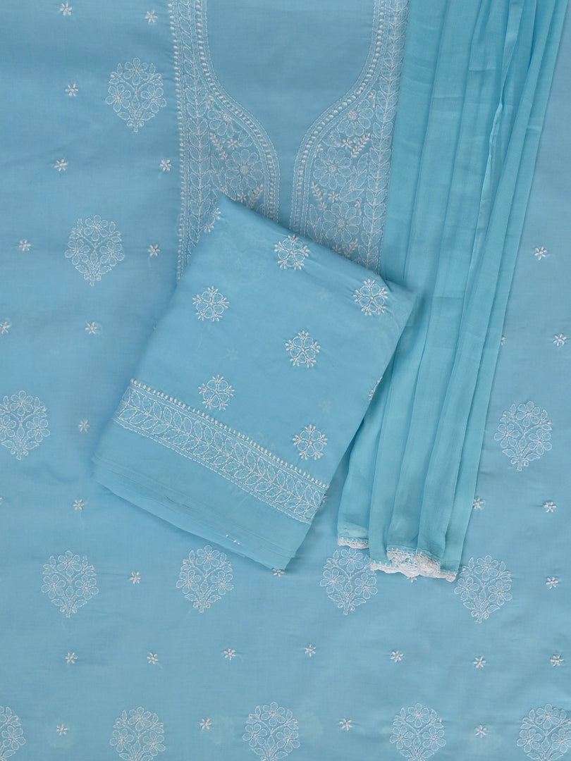 Seva Chikan Hand Embroidered Blue Cotton Lucknowi Chikankari Unstitched Suit Piece-SCL13102