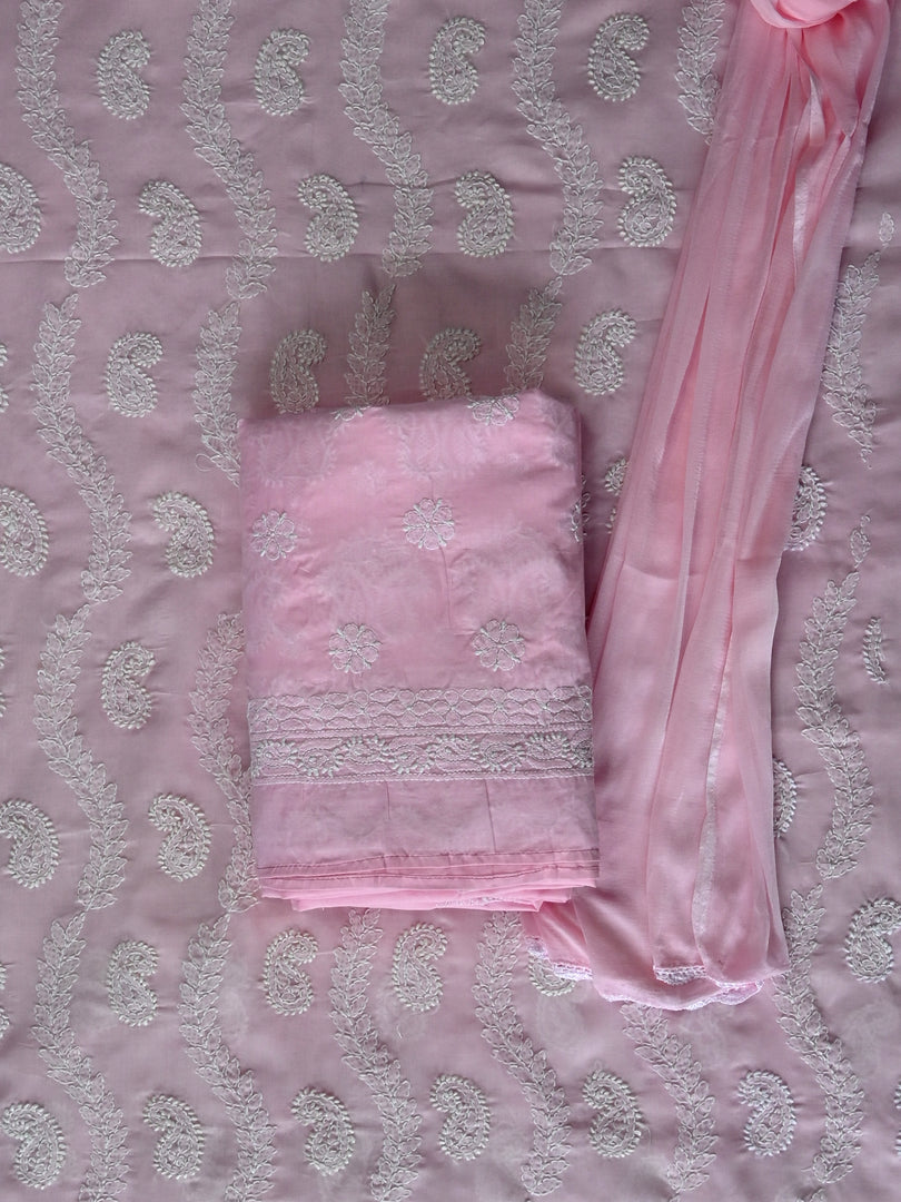 Seva Chikan Hand Embroidered Pink Cotton Lucknowi Chikankari Unstitched Suit Piece-SCL13092