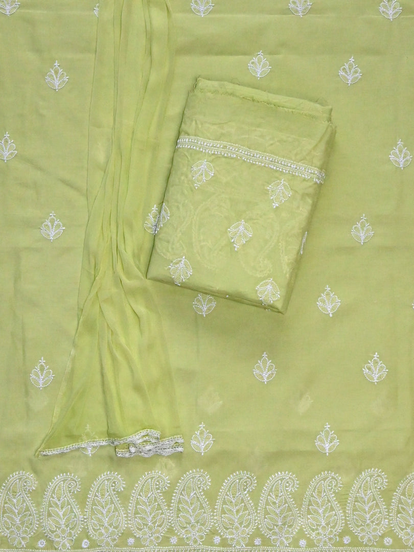 Seva Chikan Hand Embroidered Green Terivoil Cotton Lucknowi Chikankari Unstitched Suit Piece-SCL13029