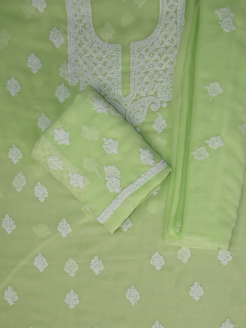 Seva Chikan Hand Embroidered Green Georgette Lucknowi Chikankari Unstitched Suit Piece-SCL13113