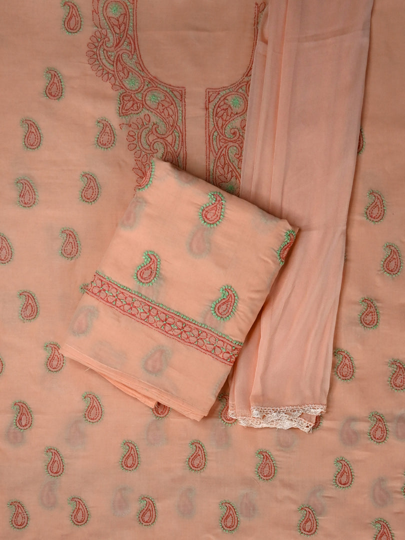 Seva Chikan Hand Embroidered Peach Cotton Lucknowi Chikankari Unstitched Suit Piece-SCL13106