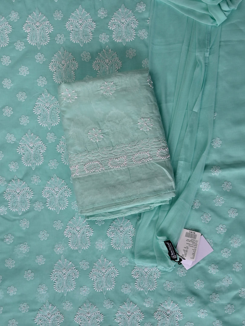 Seva Chikan Hand Embroidered Sea Green Cotton Lucknowi Chikankari Unstitched Suit Piece-SCL13087