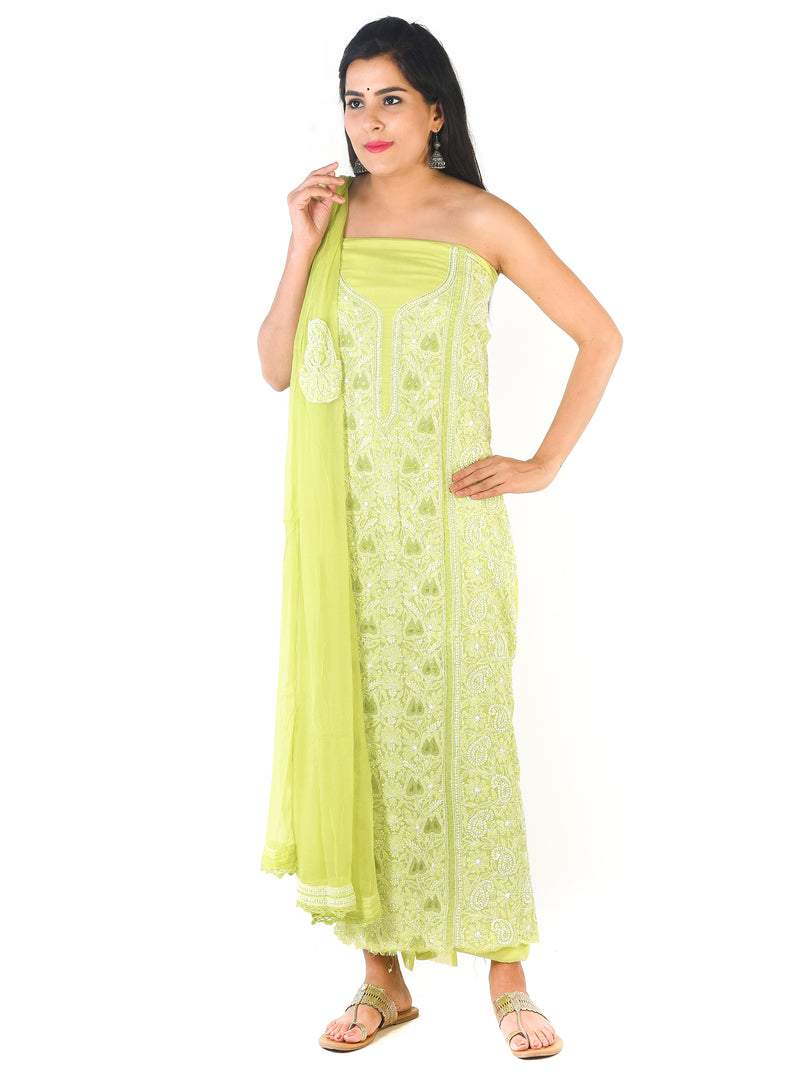 Seva Chikan Hand Embroidered Light Green Cotton Lucknowi Chikankari Unstitched Suit Piece-SCL1647