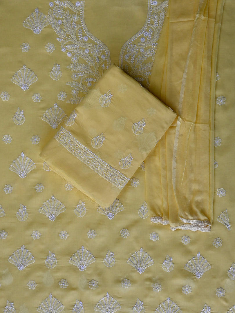 Seva Chikan Hand Embroidered Yellow Cotton Lucknowi Chikankari Unstitched Suit Piece-SCL13053