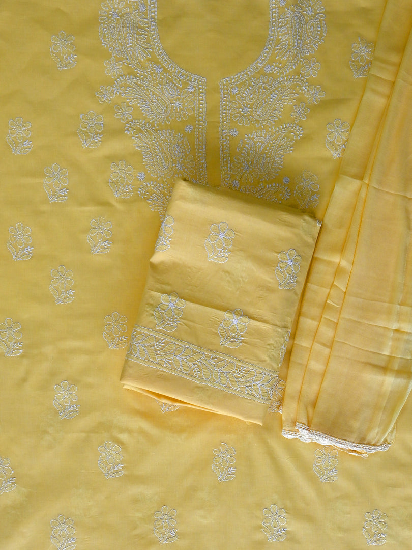 Seva Chikan Hand Embroidered Yellow Cotton Lucknowi Chikankari Unstitched Suit Piece-SCL13058