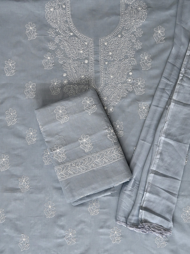 Seva Chikan Hand Embroidered Grey Cotton Lucknowi Chikankari Unstitched Suit Piece-SCL13056