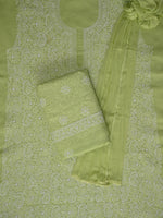 Load image into Gallery viewer, Seva Chikan Hand Embroidered Green Terivoil Cotton Lucknowi Chikankari Unstitched Suit Piece-SCL13019
