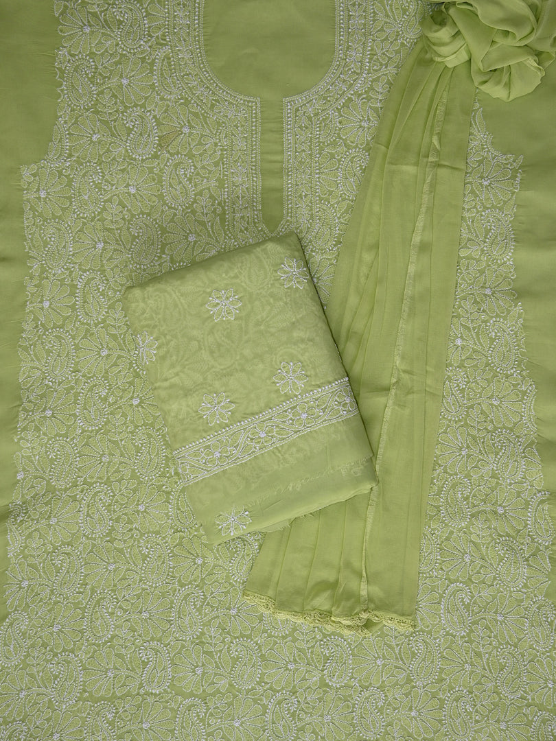 Seva Chikan Hand Embroidered Green Terivoil Cotton Lucknowi Chikankari Unstitched Suit Piece-SCL13019