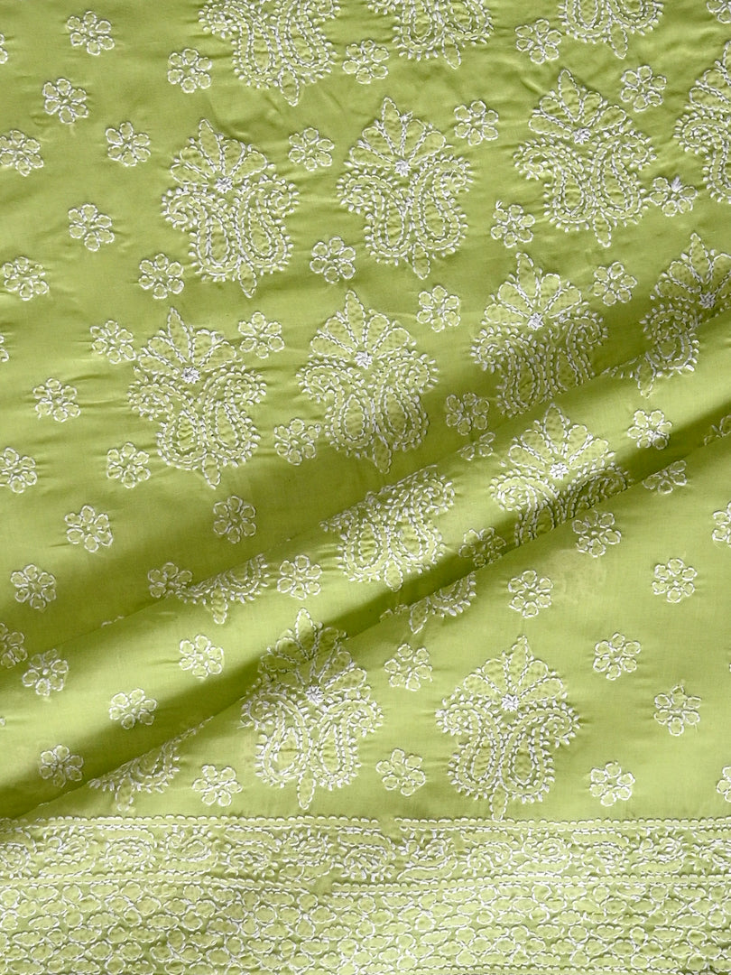 Seva Chikan Hand Embroidered Pista Green Cotton Lucknowi Chikankari Unstitched Suit Piece-SCL13097