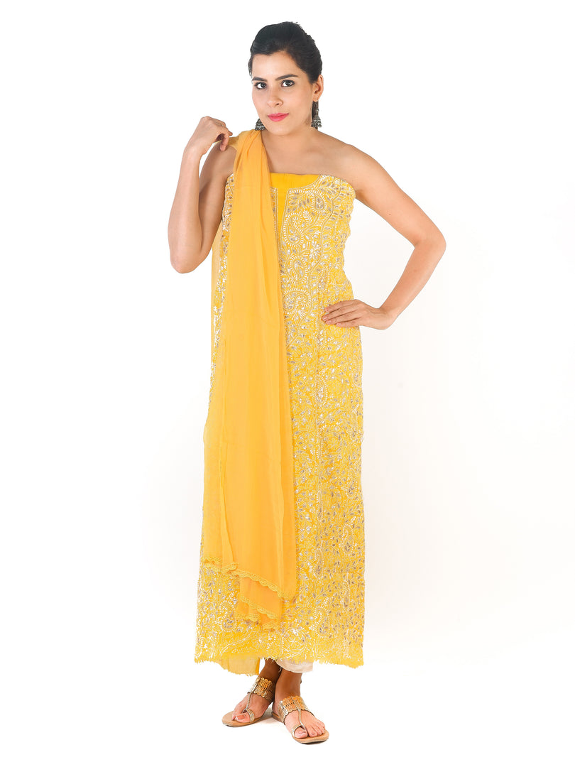 Seva Chikan Hand Embroidered Yellow Cotton Lucknowi Chikankari Unstitched Suit Piece-SCL1696