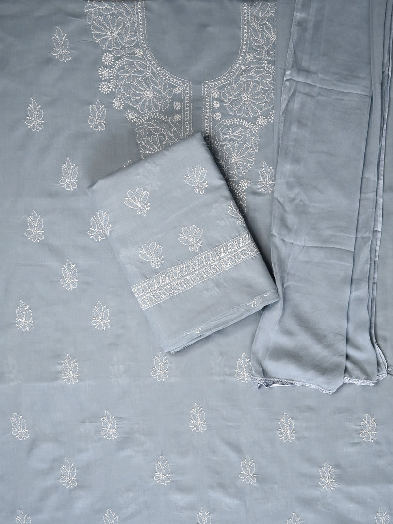 Seva Chikan Hand Embroidered Grey Cotton Lucknowi Chikankari Unstitched Suit Piece-SCL13082