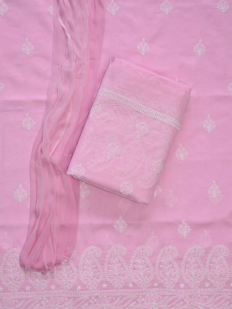 Seva Chikan Hand Embroidered Pink Terivoil Cotton Lucknowi Chikankari Unstitched Suit Piece-SCL13030