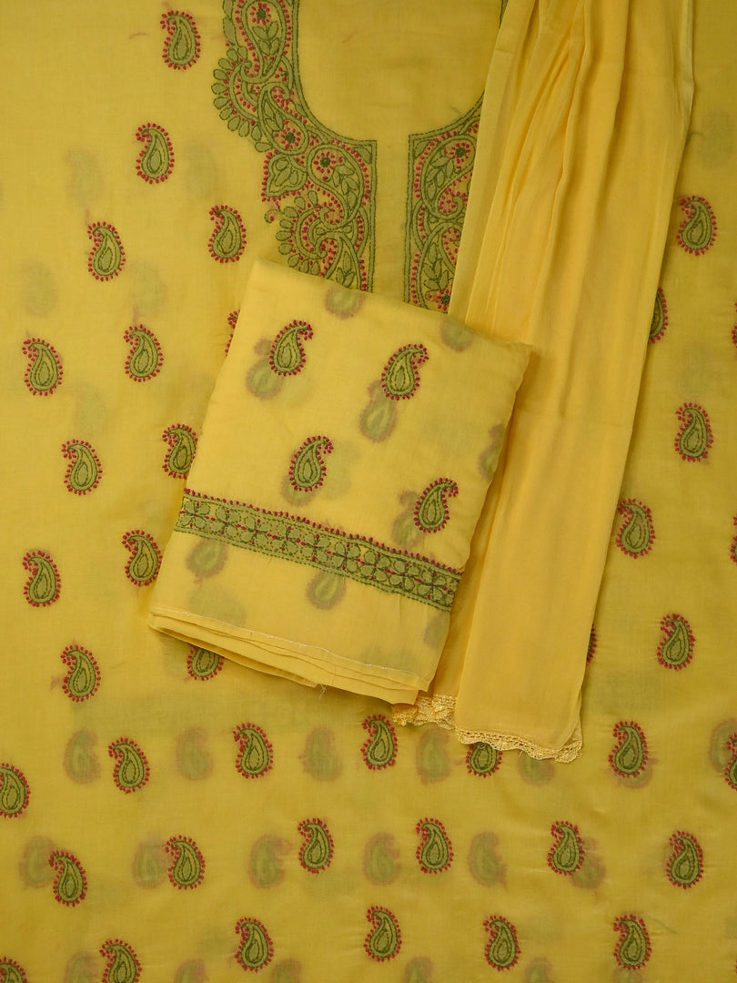 Seva Chikan Hand Embroidered Yellow Cotton Lucknowi Chikankari Unstitched Suit Piece-SCL13109