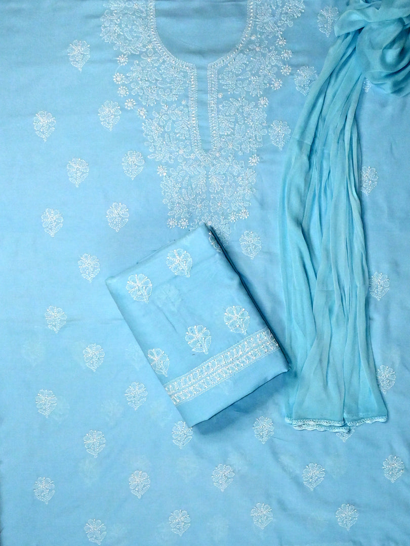 Seva Chikan Hand Embroidered Blue Cotton Lucknowi Chikankari Unstitched Suit Piece-SCL13067