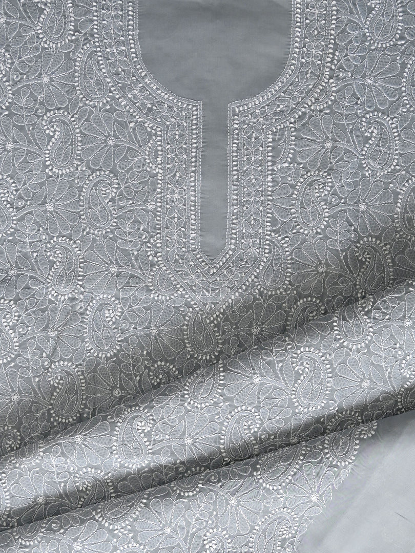 Seva Chikan Hand Embroidered Grey Terivoil Cotton Lucknowi Chikankari Unstitched Suit Piece-SCL13021