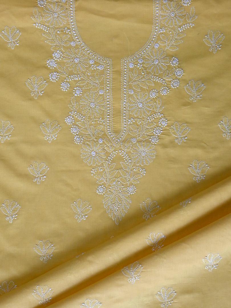 Seva Chikan Hand Embroidered Yellow Cotton Lucknowi Chikankari Unstitched Suit Piece-SCL13071