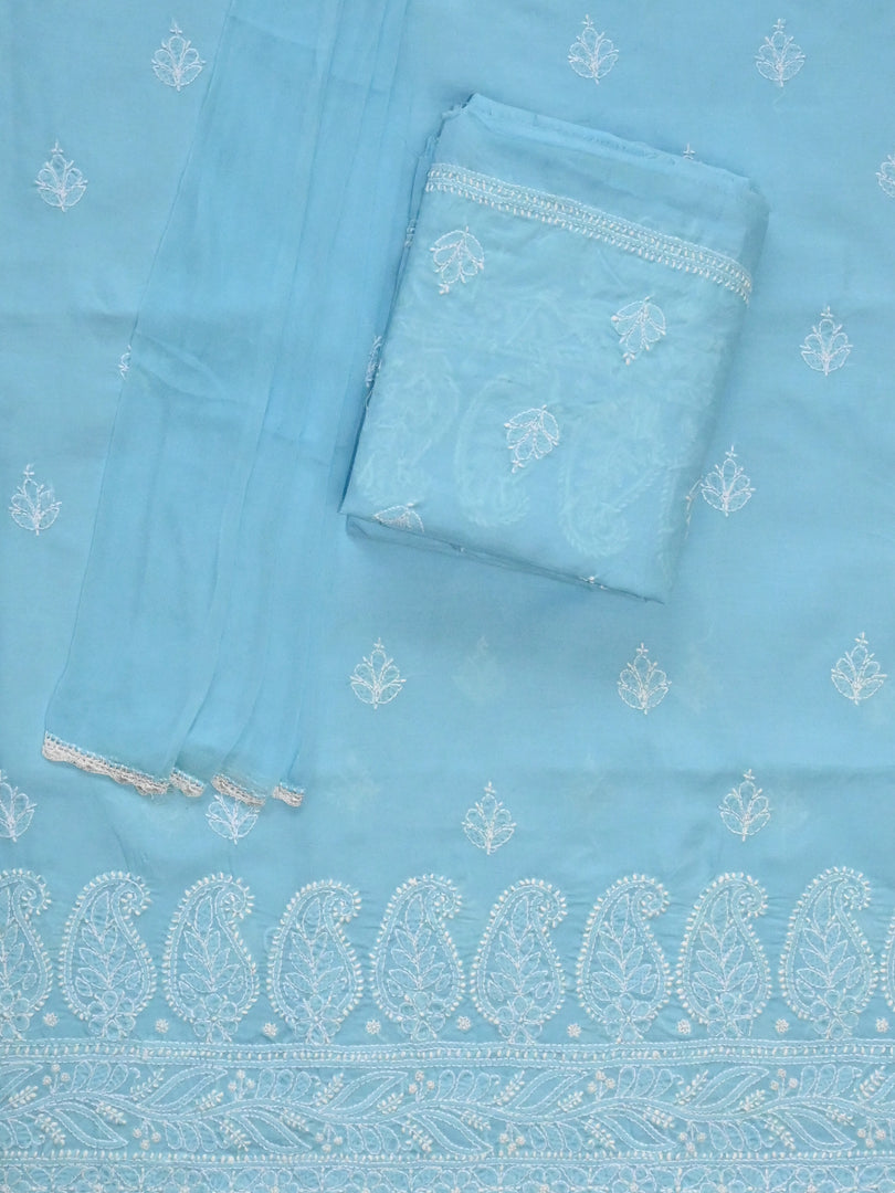 Seva Chikan Hand Embroidered Blue Terivoil Cotton Lucknowi Chikankari Unstitched Suit Piece-SCL13028