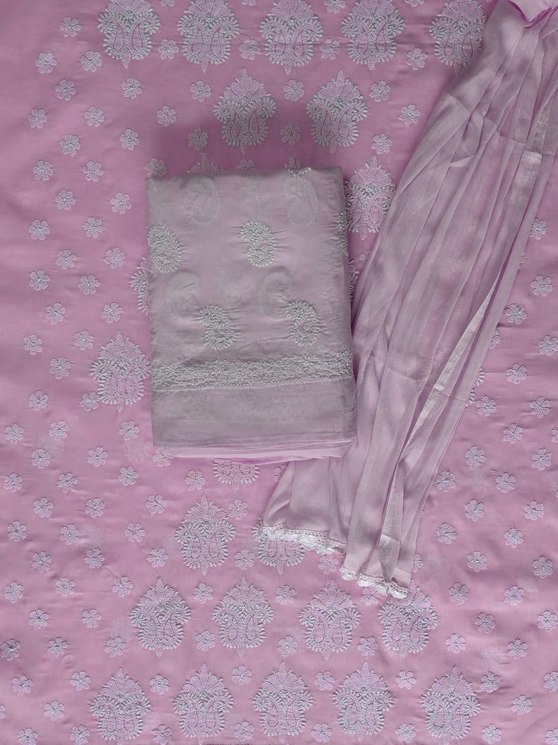 Seva Chikan Hand Embroidered Pink Cotton Lucknowi Chikankari Unstitched Suit Piece-SCL13096