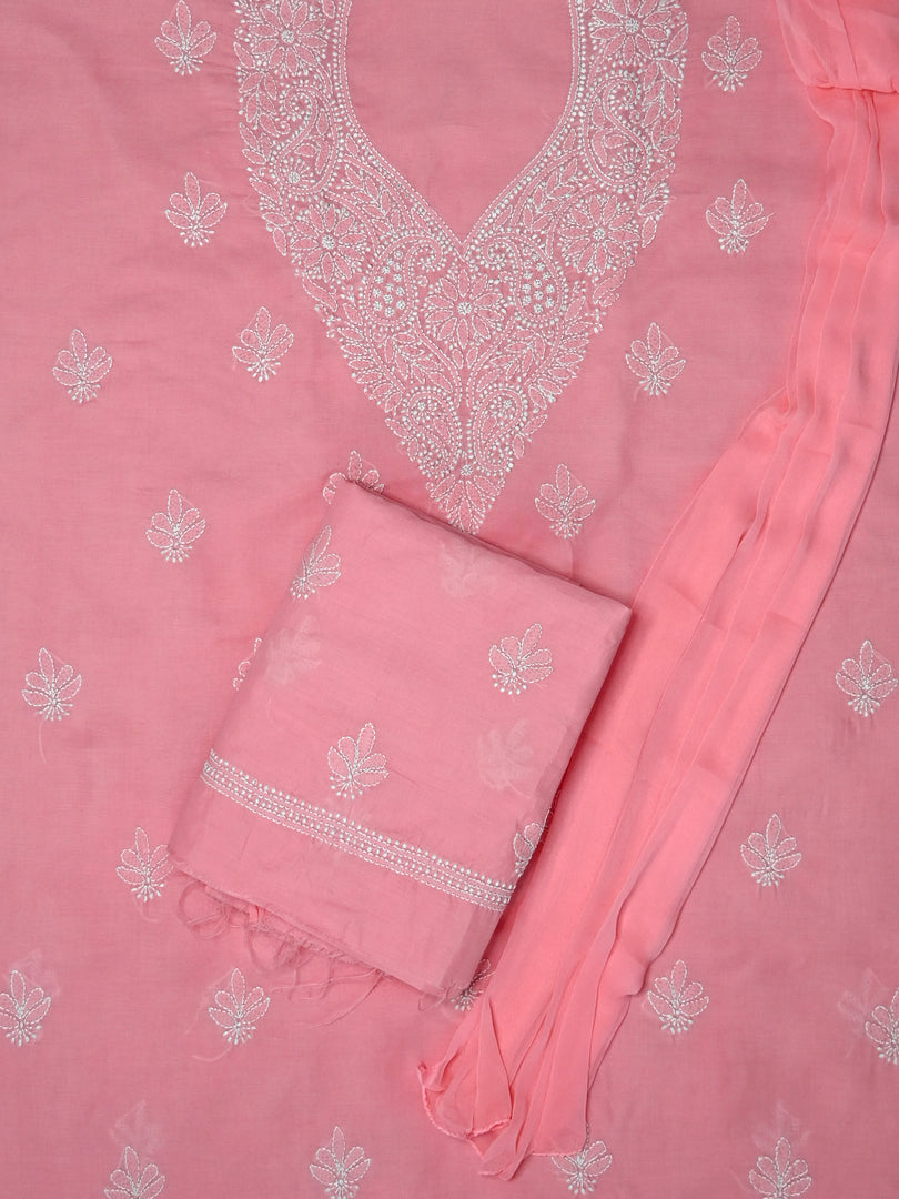 Seva Chikan Hand Embroidered Peach Terivoil Cotton Lucknowi Chikankari Unstitched Suit Piece-SCL13040