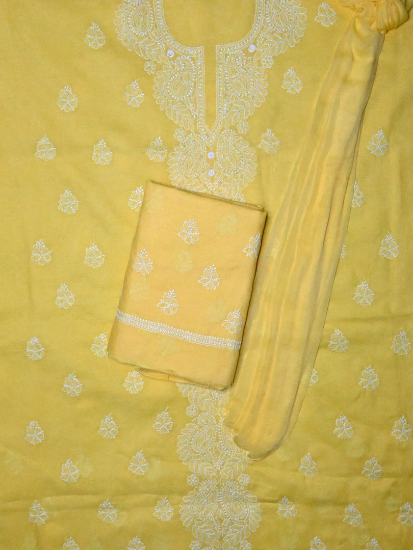 Seva Chikan Hand Embroidered Yellow Terivoil Cotton Lucknowi Chikankari Unstitched Suit Piece-SCL13026