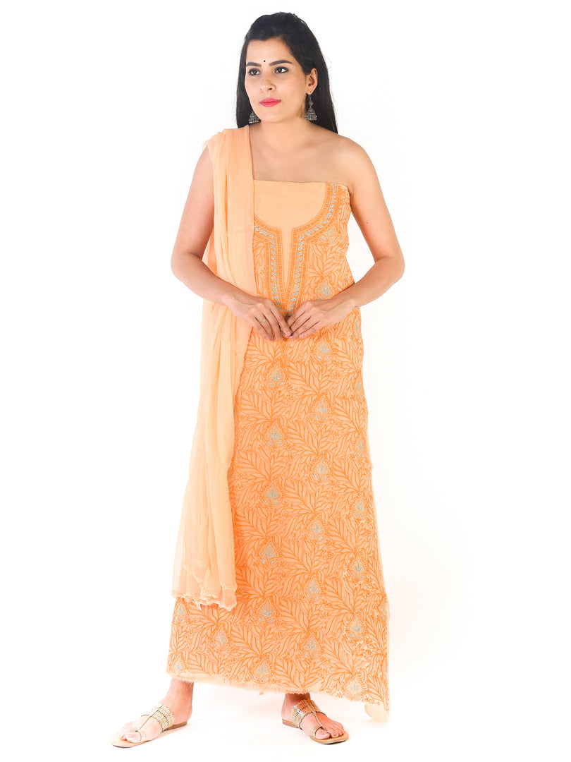 Seva Chikan Hand Embroidered Orange Cotton Lucknowi Chikankari Unstitched Suit Piece-SCL1685