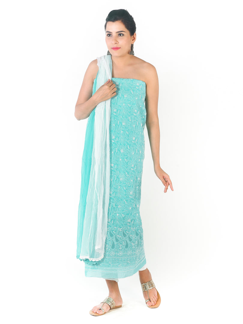 Seva Chikan Hand Embroidered Turquoise Cotton Lucknowi Chikankari Unstitched Suit Piece-SCL1678