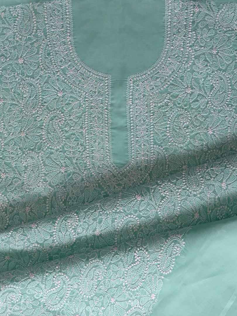 Seva Chikan Hand Embroidered Sea Green Terivoil Cotton Lucknowi Chikankari Unstitched Suit Piece-SCL13020