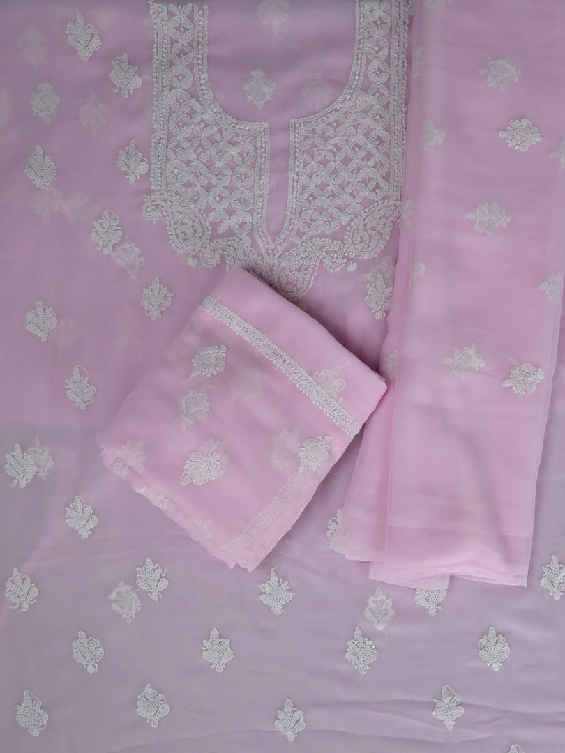 Seva Chikan Hand Embroidered Pink Georgette Lucknowi Chikankari Unstitched Suit Piece-SCL13115