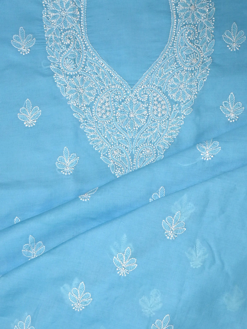 Seva Chikan Hand Embroidered Blue Terivoil Cotton Lucknowi Chikankari Unstitched Suit Piece-SCL13041