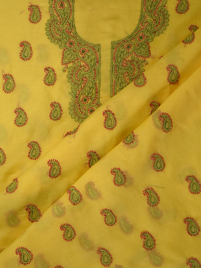 Seva Chikan Hand Embroidered Yellow Cotton Lucknowi Chikankari Unstitched Suit Piece-SCL13109