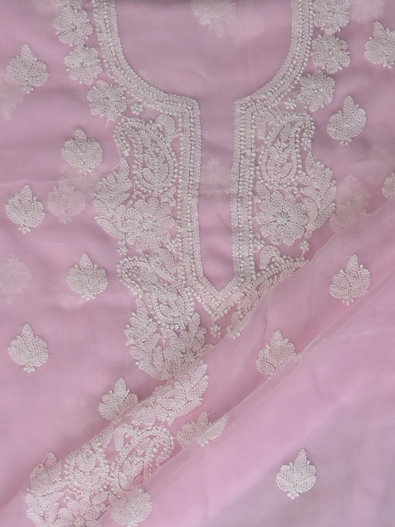 Seva Chikan Hand Embroidered Pink Georgette Lucknowi Chikankari Unstitched Suit Piece-SCL13119