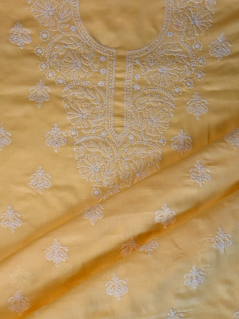 Seva Chikan Hand Embroidered Yellow Cotton Lucknowi Chikankari Unstitched Suit Piece-SCL13076