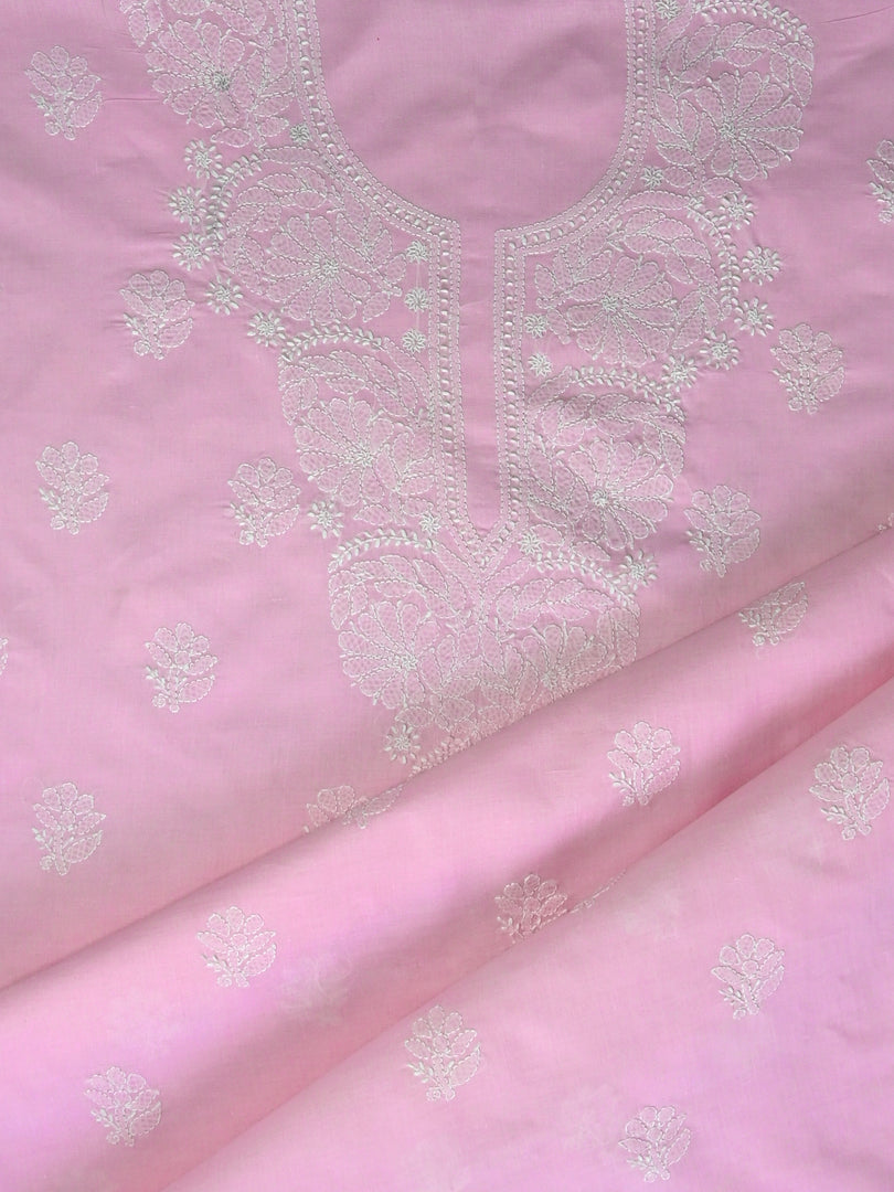 Seva Chikan Hand Embroidered Pink Cotton Lucknowi Chikankari Unstitched Suit Piece-SCL13077