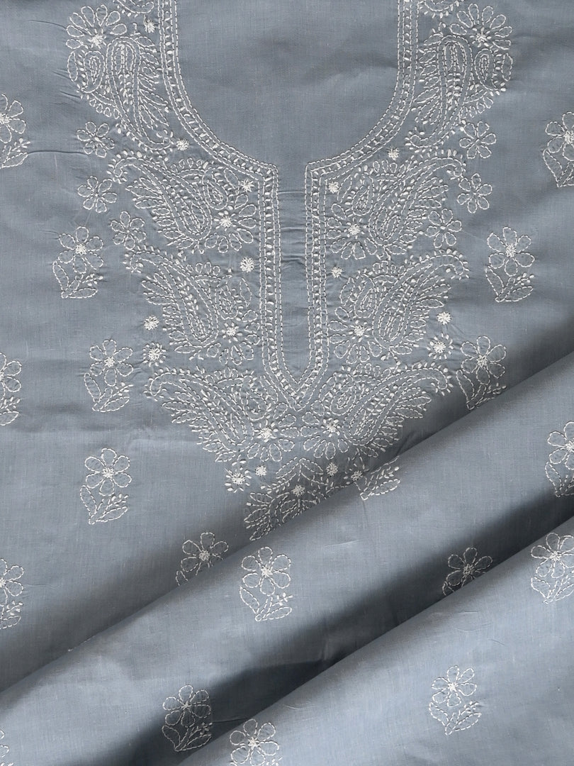 Seva Chikan Hand Embroidered Grey Cotton Lucknowi Chikankari Unstitched Suit Piece-SCL13056