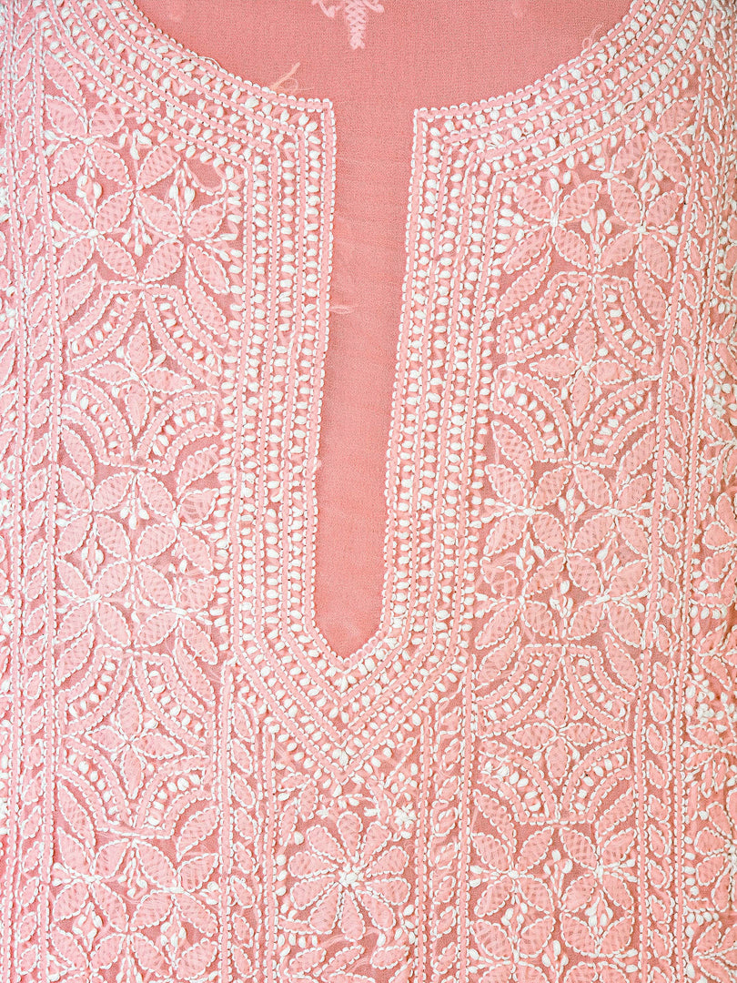 Seva Chikan Hand Embroidered Peach Georgette Lucknowi Chikankari Unstitched Suit Piece-SCL1667