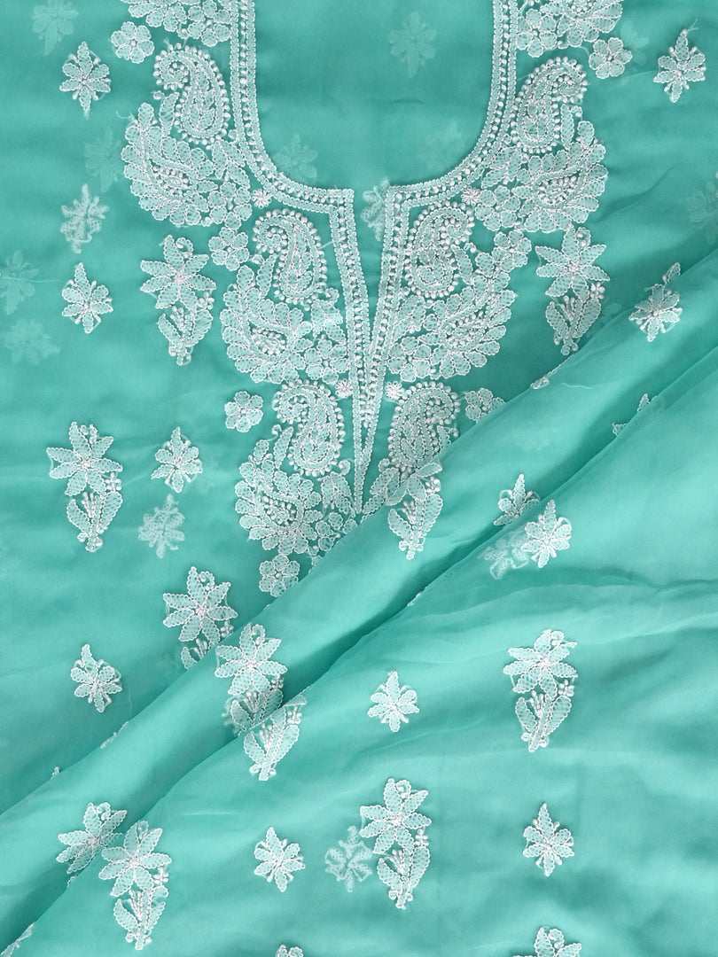 Seva Chikan Hand Embroidered Sea Green Georgette Lucknowi Chikankari Unstitched Suit Piece-SCL13128