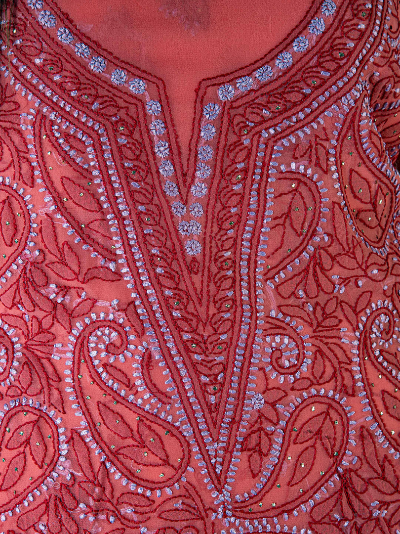 Seva Chikan Hand Embroidered Brick Georgette Lucknowi Chikankari Unstitched Suit Piece-SCL1602
