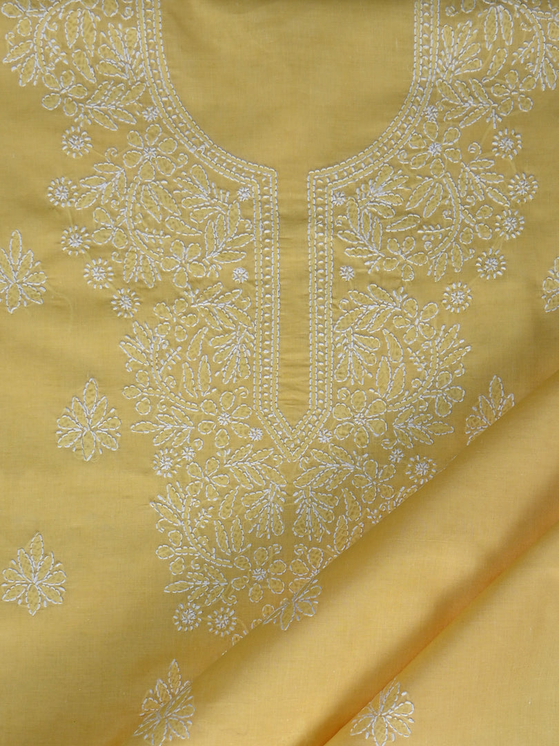 Seva Chikan Hand Embroidered Yellow Cotton Lucknowi Chikankari Unstitched Suit Piece-SCL13083