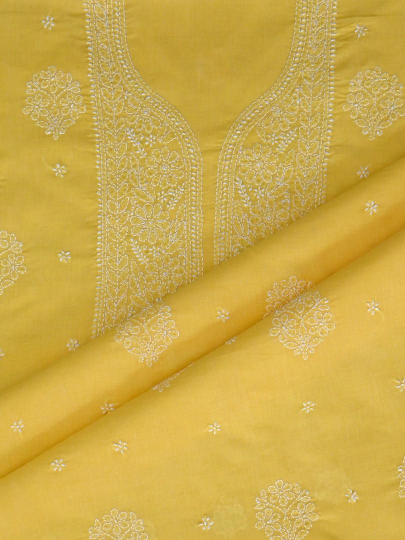 Seva Chikan Hand Embroidered Yellow Cotton Lucknowi Chikankari Unstitched Suit Piece-SCL13099