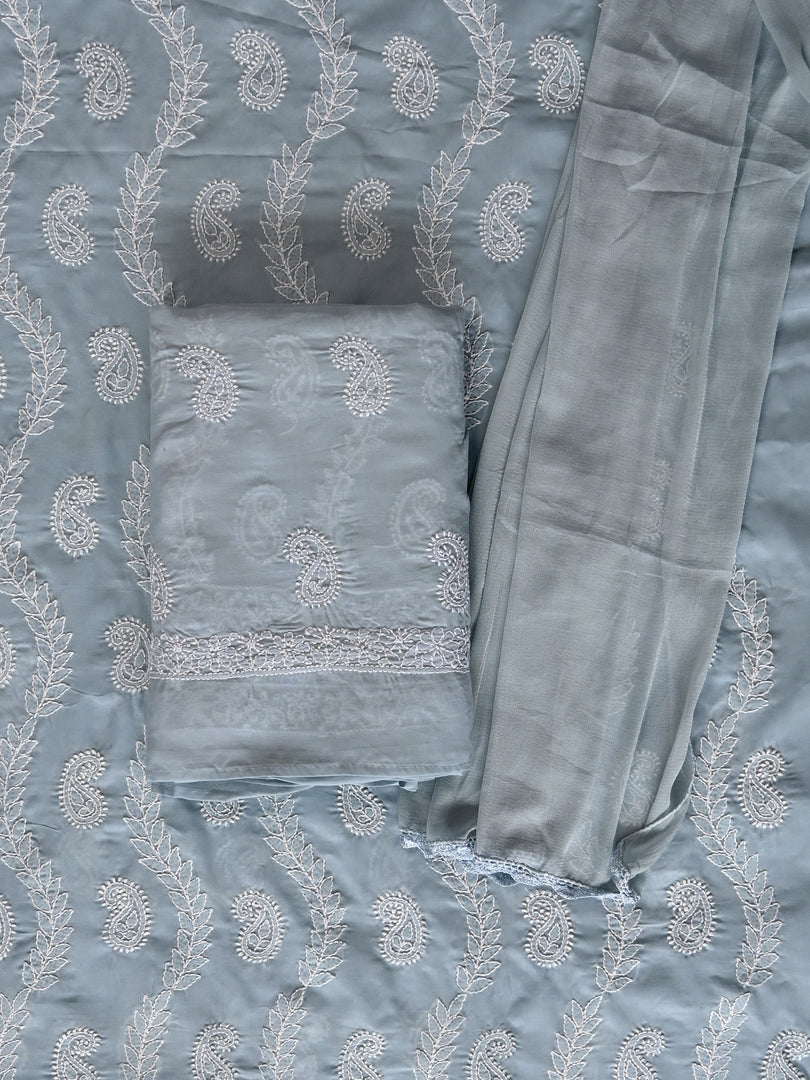 Seva Chikan Hand Embroidered Grey Cotton Lucknowi Chikankari Unstitched Suit Piece-SCL13089