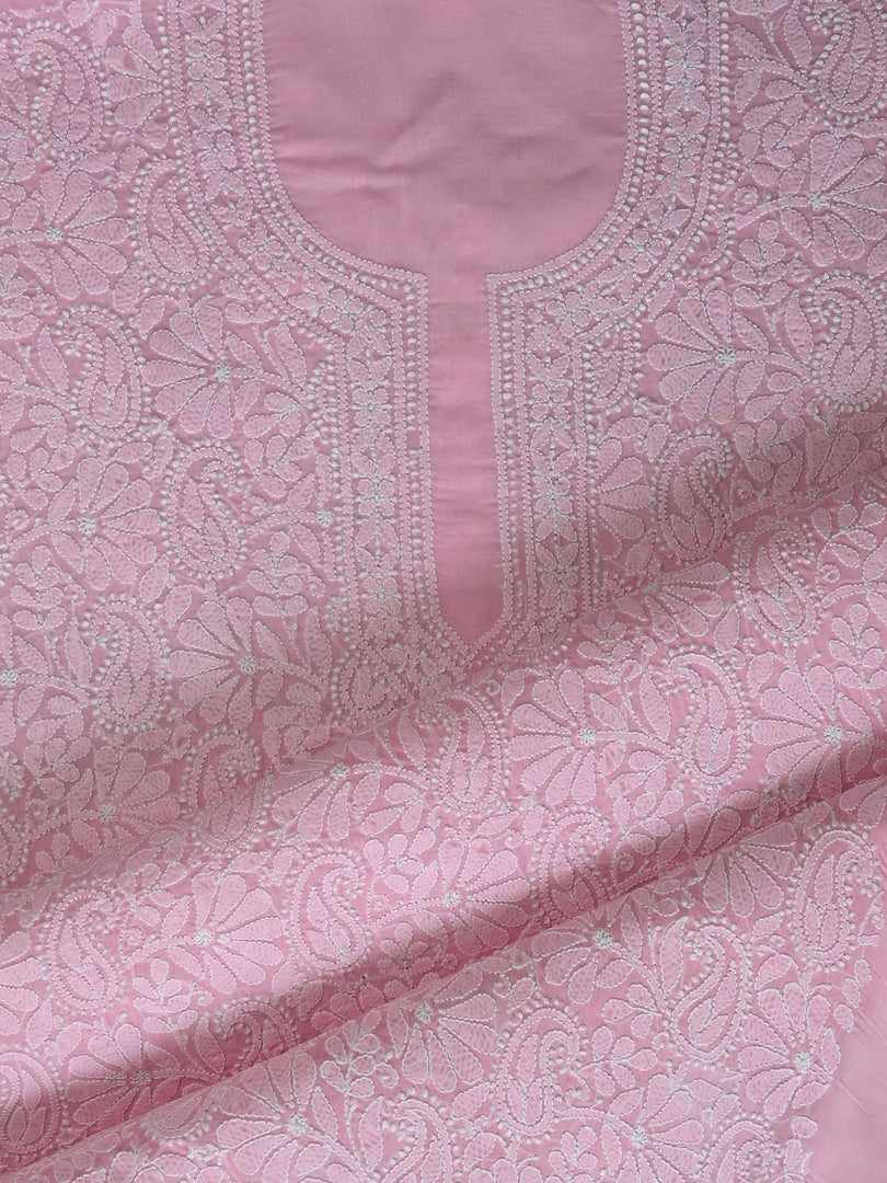 Seva Chikan Hand Embroidered Pink Terivoil Cotton Lucknowi Chikankari Unstitched Suit Piece-SCL13017