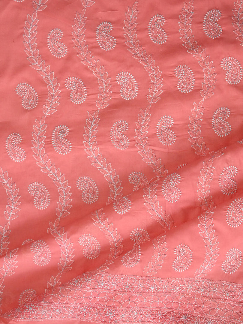 Seva Chikan Hand Embroidered Peach Cotton Lucknowi Chikankari Unstitched Suit Piece-SCL13091