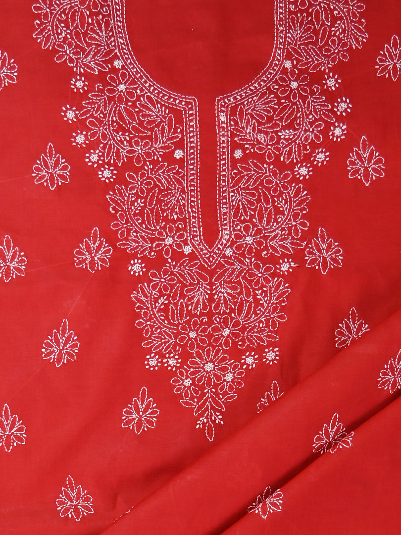 Seva Chikan Hand Embroidered Red Cotton Lucknowi Chikankari Unstitched Suit Piece-SCL13065