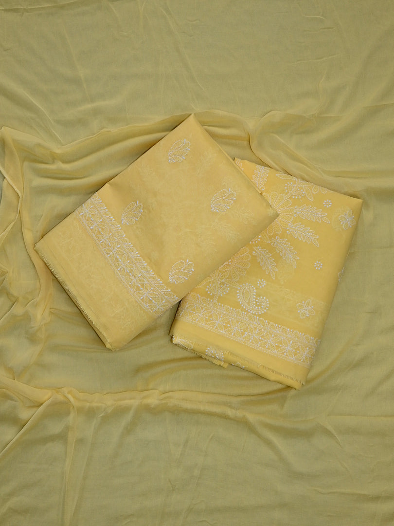 Seva Chikan Hand Embroidered Yellow Terivoil Cotton Lucknowi Chikankari Unstitched Suit Piece-SCL13012