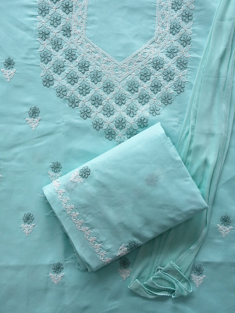 Seva Chikan Hand Embroidered Sea Green Terivoil Cotton Lucknowi Chikankari Unstitched Suit Piece-SCL13013