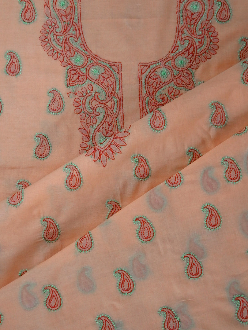 Seva Chikan Hand Embroidered Peach Cotton Lucknowi Chikankari Unstitched Suit Piece-SCL13106